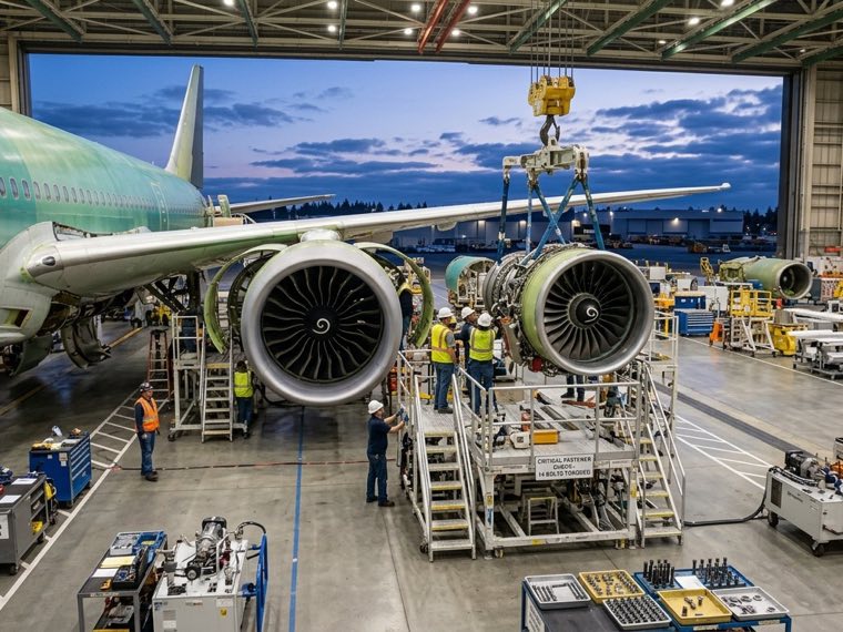 Commercial airliners on a final assembly line, engines being fitted