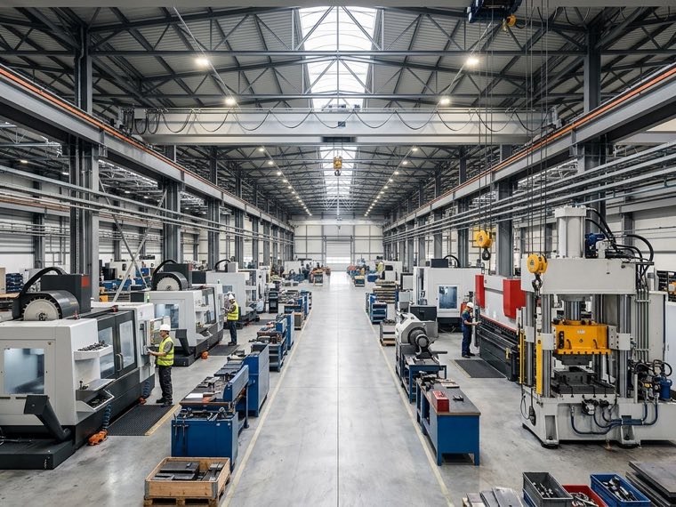 A machine shop floor lined with CNC machining centers and presses