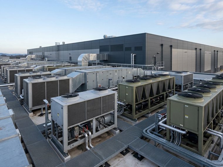 Chiller and cooling plant on the roof of a semiconductor fabrication facility