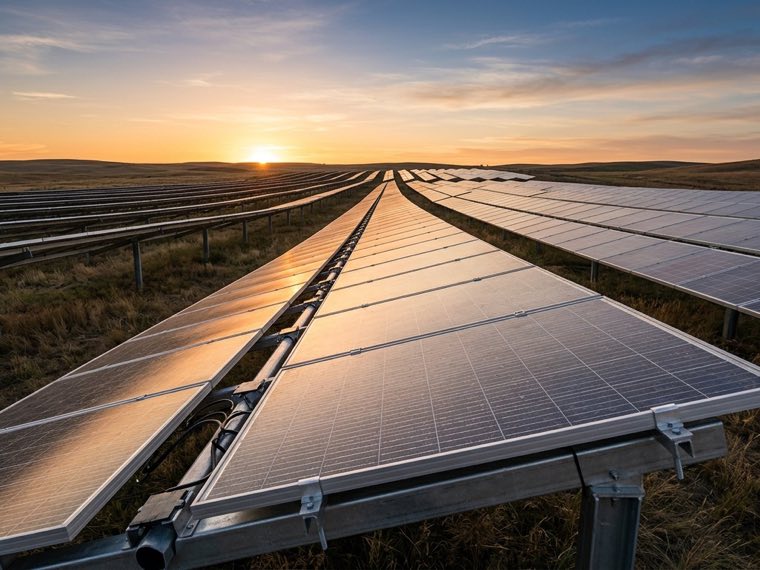 Rows of photovoltaic panels on a utility-scale solar farm at sunrise
