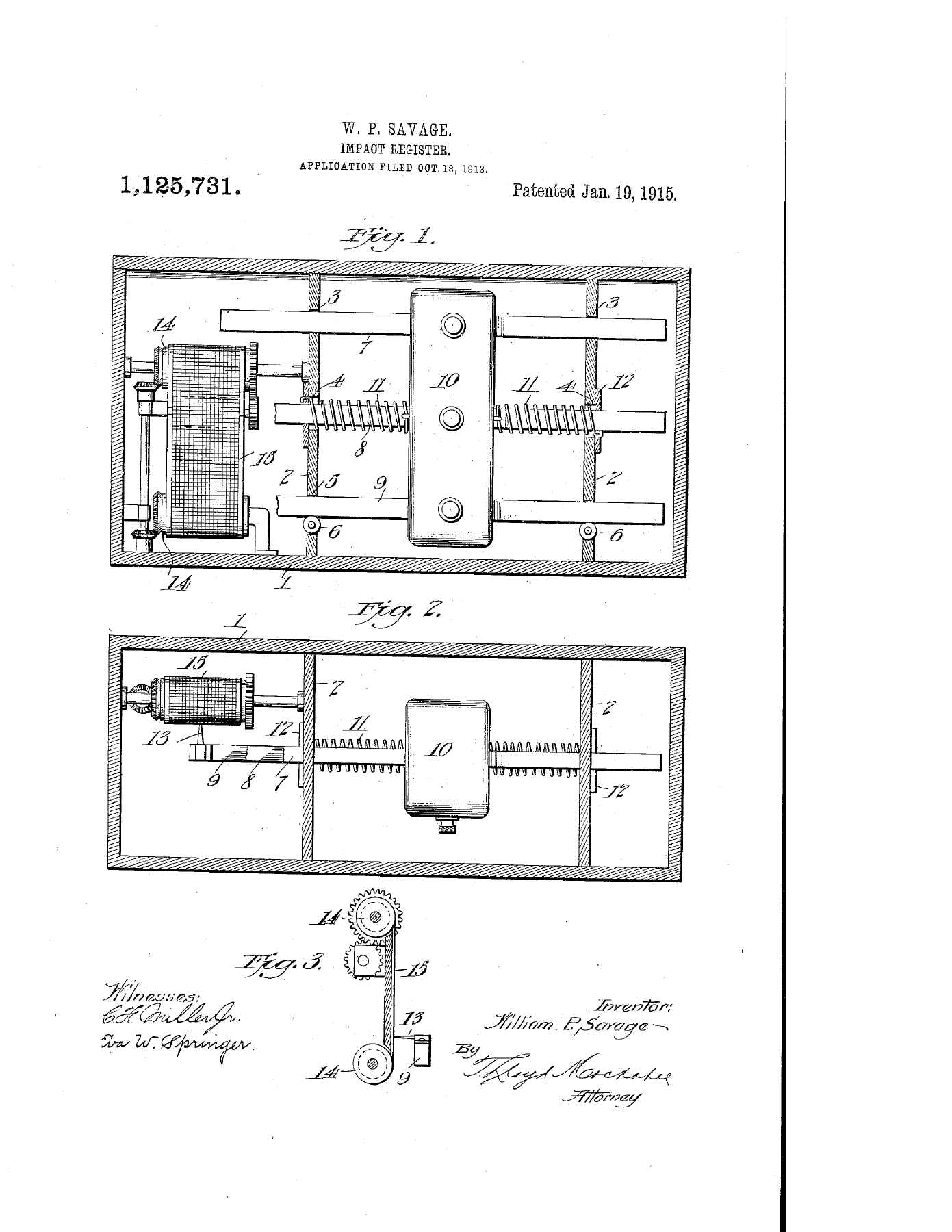 W. P. Savage's Impact Register patent drawing, number 1,125,731, showing three views of the recording mechanism